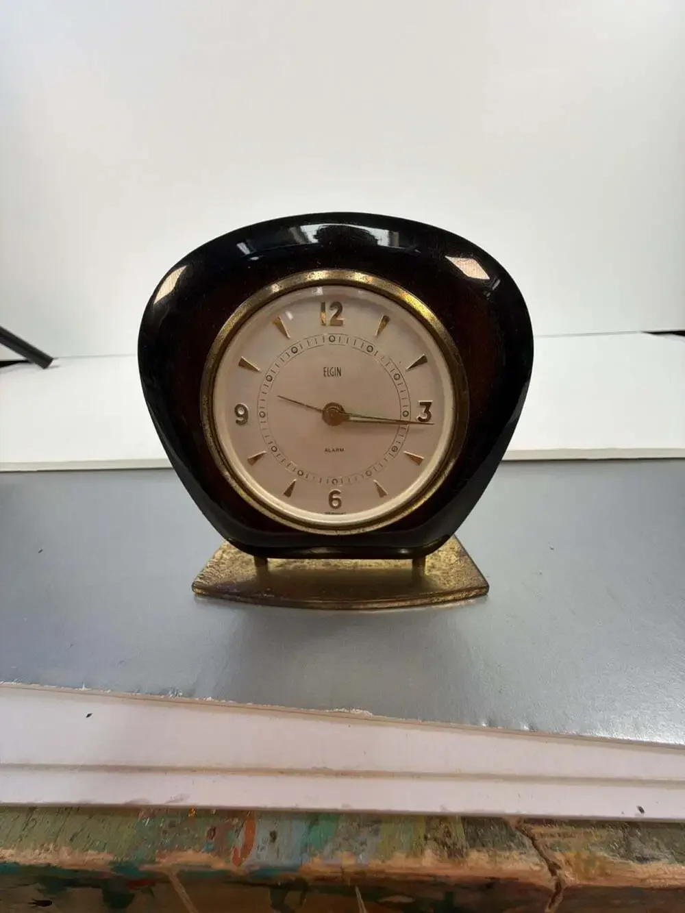 Vintage Mid-Century Modern Elgin Wooden Desk Alarm Clock, Made in Germany